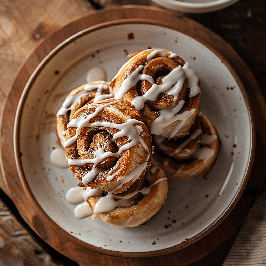 Tortilla cinnamon rolls on a plate with cream cheese glaze